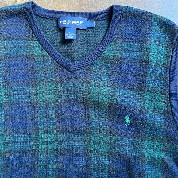 VTG Polo Ralph Lauren Golf MADE IN USA Black Tartan Plaid Vest L - Picture 1 of 4